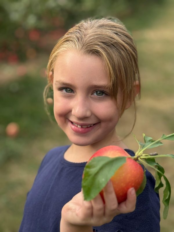 A young girl with blonde hair smiling while holding a red apple in an orchard.